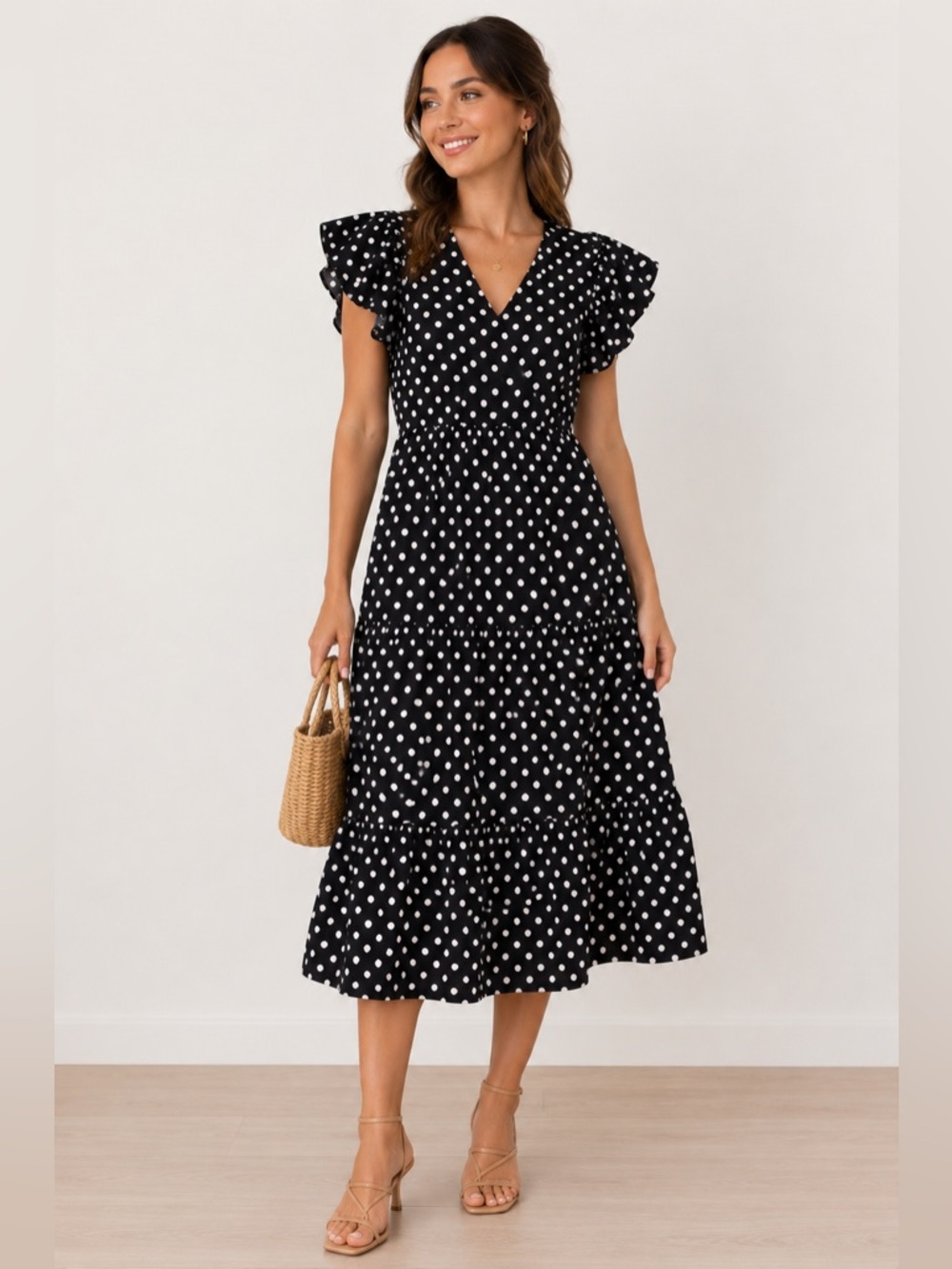 Who What Wear Black and White Polka Dot Cotton Midi Dress
